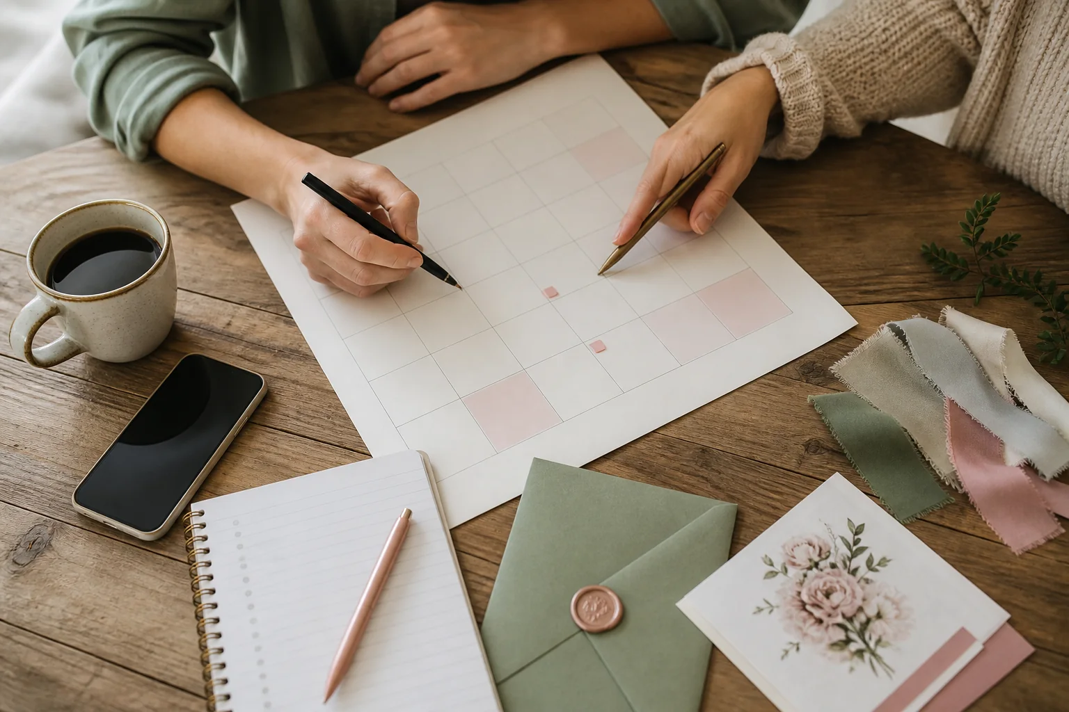 Couple planning their save-the-date and invitation schedule on a large paper calendar