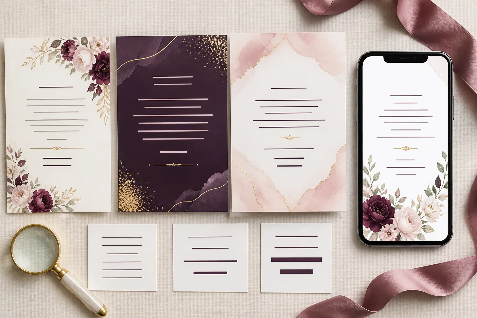 Comparison of floral wedding invitation layouts on paper and a smartphone with abstract text lines